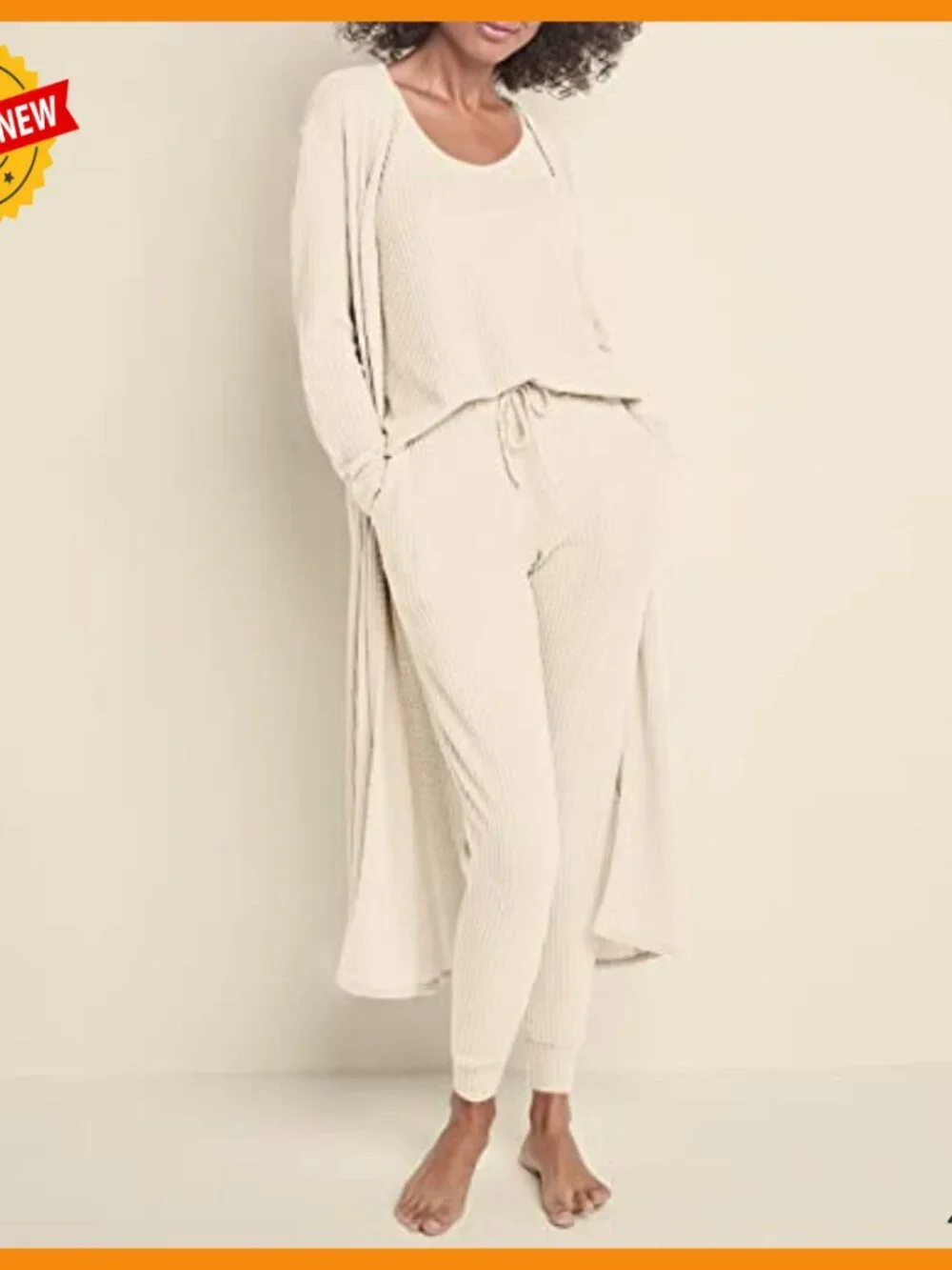 3 Piece Waffle Knit Lounge Set with Cardigan Joggers Tank Top - Picture 2 of 6